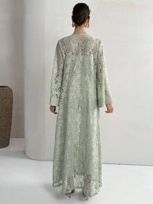 Yasmyna Women's Lace Bell Sleeve Loose Elegant Abaya Robe - Green - View 6