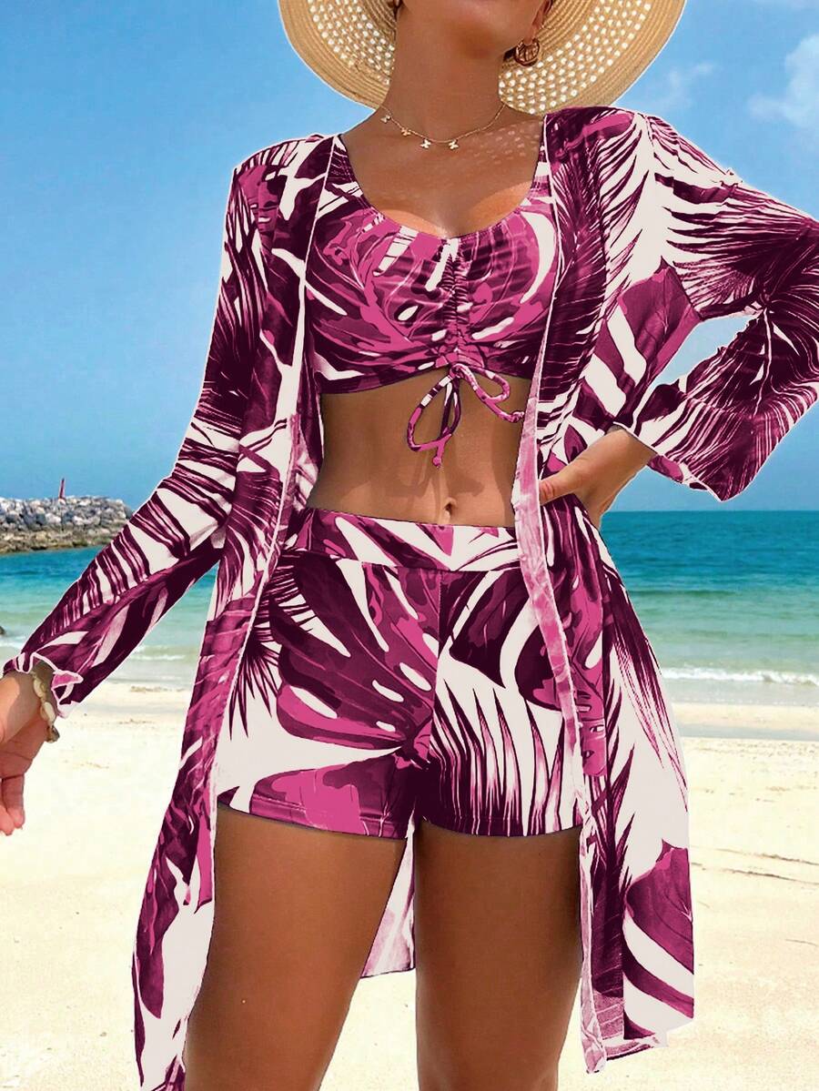 Swim Lushoire Ținute de vară pentru femei Set bikini cu imprimeu tropical pentru femei, pantaloni scurți obraznici cu legături în față, kimono cu mânecă lungă, pentru vacanță de vară - Multicolor - Vizualizare 1