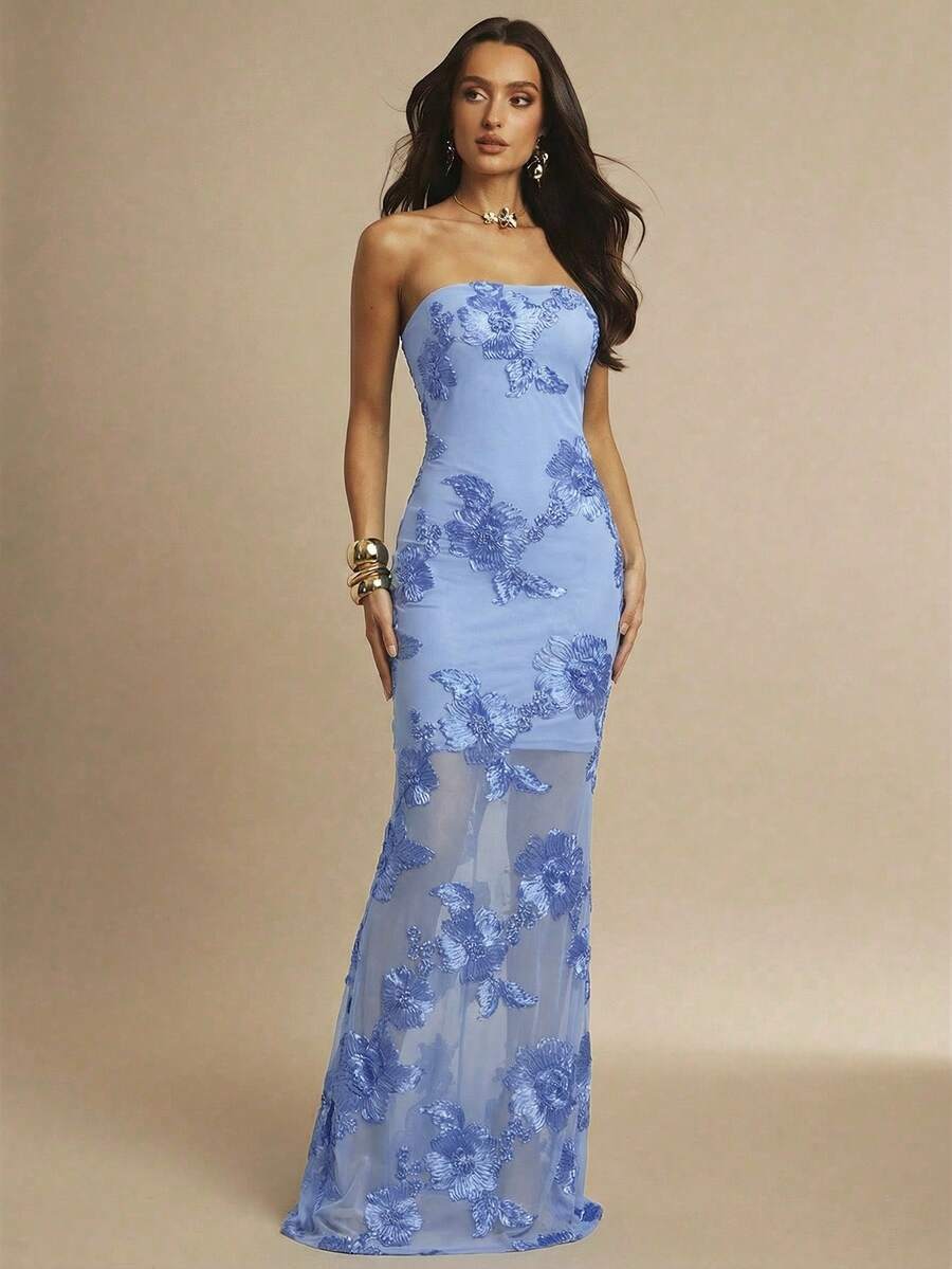 Silquee 3D Floral Sexy Bodycon Cami Dress - Baby Blue - View 1