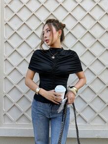 Siren Gaze Spring & Summer Valentine's Day Women's Solid Color Pleated Shoulder Turtleneck Elastic Fitted Waist Stylish T-Shirt - Black - View 4