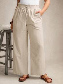 Zelara 大码女式休闲纯色直筒裤，适合夏季假期、情人节、春假等各种场合。 - 卡其色 - 查看 1