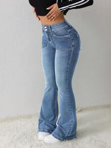 SHEIN Tall Quần jeans nữ dáng ôm, co giãn, ống loe. - Rửa nhẹ - Xem 3