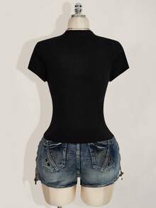 SHEIN ICON Áo thun nữ cỡ lớn màu đen cổ chữ V tay ngắn có gân - màu đen - Xem 2