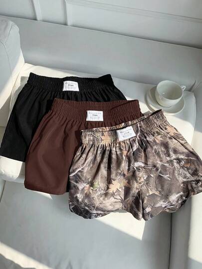 Comfortcana 3pcs Women Summer Casual Commuting Shorts Set, Solid Color & Tree Print, Loose Fit Loose Shorts Shorts Pack Elastic Waist Shorts Camo Print Shorts Y2k Shorts