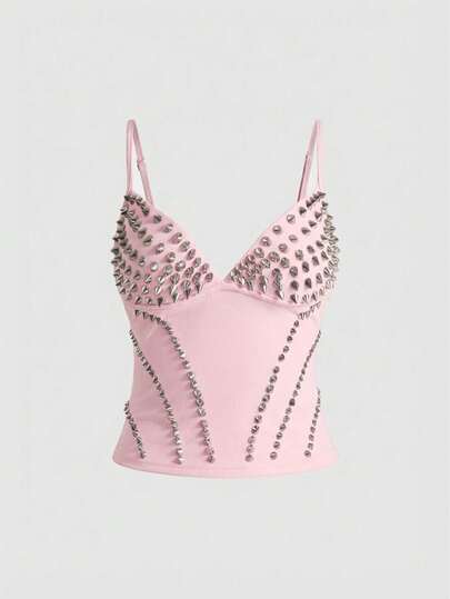 Grunge Punk Top ajustado con decoración de remaches puntiagudos de estilo punk oscuro y sexy para mujer, para el verano