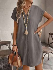 SHEIN Tall CURVE Plus Size Solid Color Notched Neck Button Front Short Sleeve Dress, Summer Dresses - Grey - View 5
