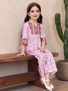 Young Girl Elegant Patchwork Retro Pattern Ruffle Hem Shirt & Pants Set - Multicolor - View 5