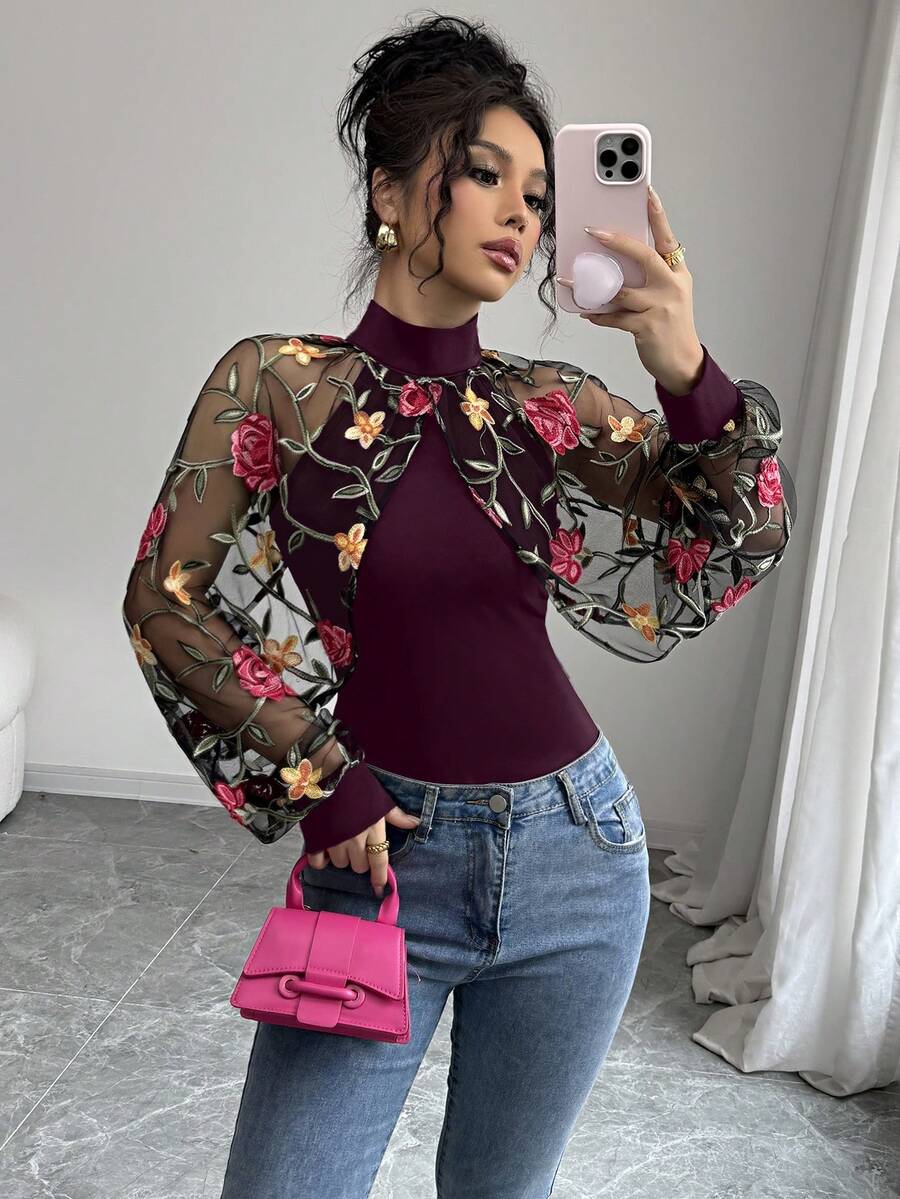 Chiquease Women's Knitted Patchwork Mesh Embroidered Autumn T-Shirt - Red Violet - View 1