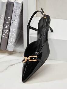 SHUZIA #LuxuryMuse Women's Black Patent Horse-Bit Point Toe Slingback Pumps – Glossy, Chic & Elegant Designer Look. - Black - View 1