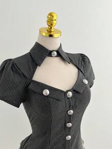 Elamini 女士复古黑灰条纹金属纽扣短袖衬衫