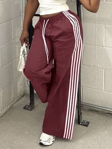 Alexandranx Women's Elastic Waist Casual Loose Striped Sports Pants,Fall - Burgundy - View 6