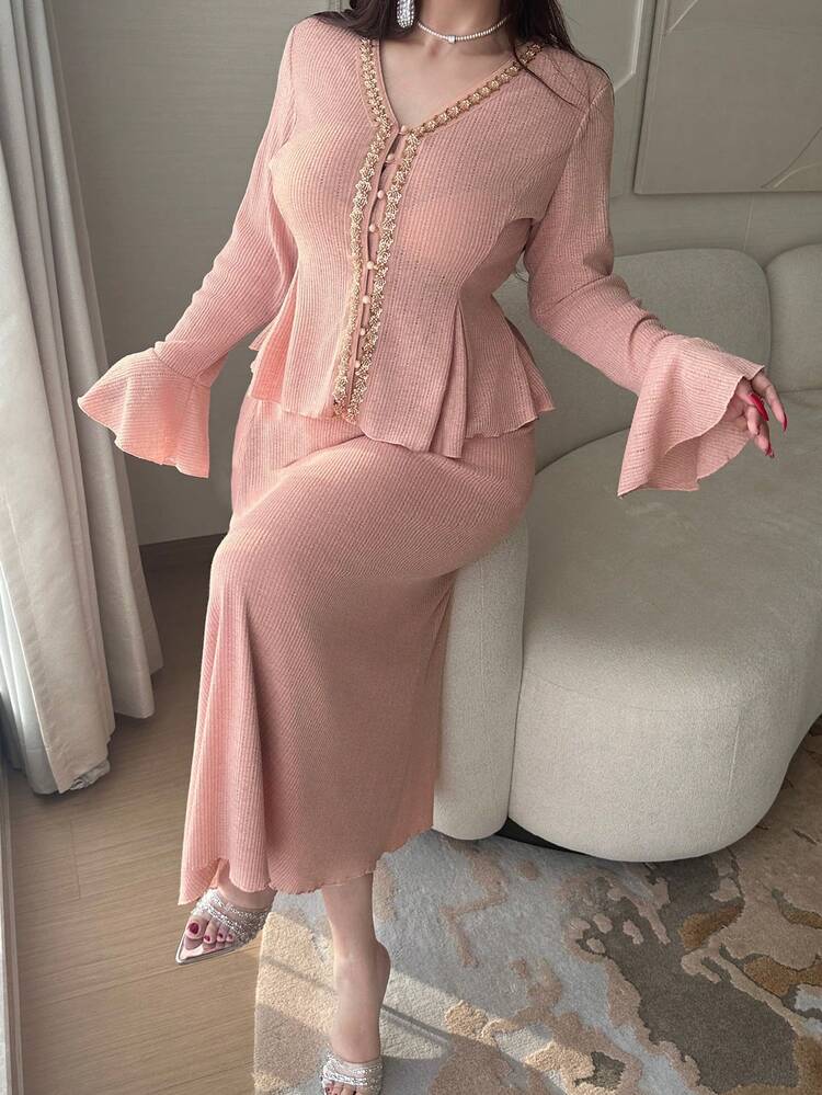 Dazy Plus 2pcs/Set V-Neck Rhinestone Trim Flare Sleeve Fitted Top & Stretchy Elegant Long Skirt Set, Pink