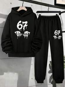 两件套青少年男童休闲67字母印花连帽卫衣和运动裤，美式运动简约风，秋冬款 - 黑色 - 查看 3