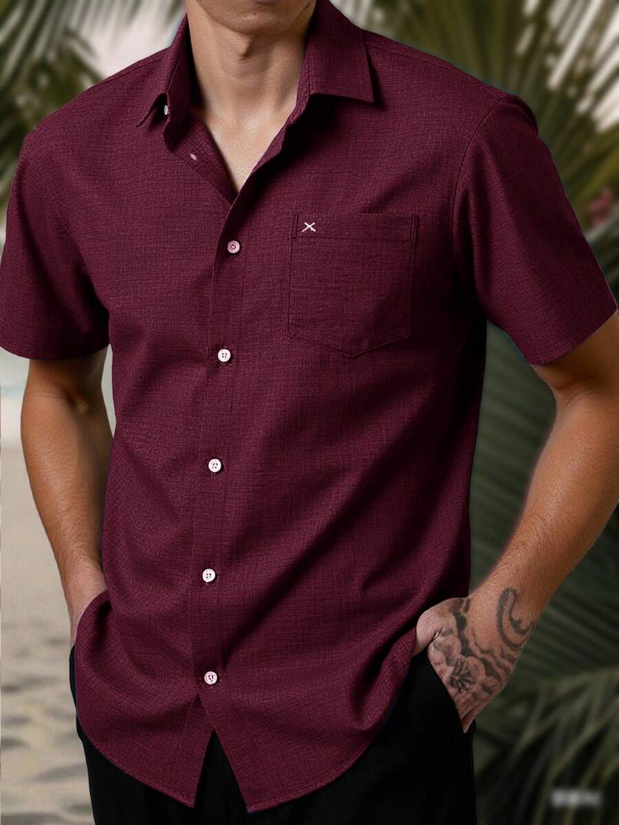 Manfinity Homme 男士純色短袖單排扣休閒通勤口袋襯衫,鈕扣襯衫,夏季深紅與白色,正式 - 酒紅色 - 查看 1