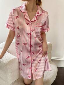 Dream Adore 仿丝绸蝴蝶结条纹翻领开衫睡衣 - 粉色 - 查看 6