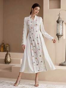 Al Najma Vestido árabe de manga larga bordado de manera tradicional para mujeres - Albaricoque - Ver 5