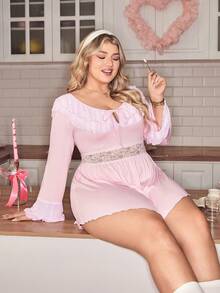SHEIN Combinaison-pantalon évasée à volants avec patchwork en maille, style doux et sexy, taille grande - Rose bonbon - Voir 5