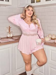 SHEIN Combinaison-pantalon évasée à volants avec patchwork en maille, style doux et sexy, taille grande - Rose bonbon - Voir 6