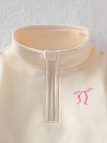 SHEIN Baby Girl Bow Embroidered Half-Placket Sweatshirt And Pants Casual Outfit Toddler Boy Baby Set Autumn Winter Season New Born Baby Girl Warm Sets Toddler Co Ord Mom Baby Casual Sets - Apricot - View 4