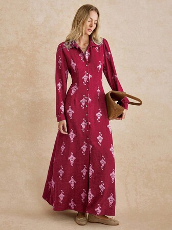 Écloséra Women's Casual Vacation Style Allover Print Waist Cinched Long Shirt Dress, Spring/Autumn