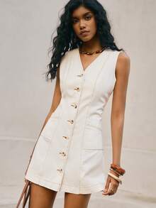 Poéselle Women's V-Neck Single-Breasted Dual Pocket Casual Sleeveless Denim Dress - White - View 7