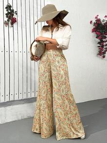 EURMUSE 女士，春夏，长裤，阔腿，波西米亚风，旅行，米色花卉佩斯利印花高腰阔腿裤；轻盈亚麻质感花卉长裤，适合夏季和旅行；复古佩斯利印花直筒裤 - 彩色 - 查看 6