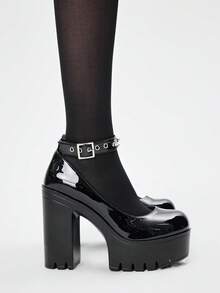 ROMWE Women's Sexy Thick Sole Chunky Heel Shoes, Autumn And Spring Fashion Solid Color Rivet Round Adjustable Buckle Ankle Strap Party Travel Dating High Heel Shallow Toe Mary Jane Shoes Valentine's Day