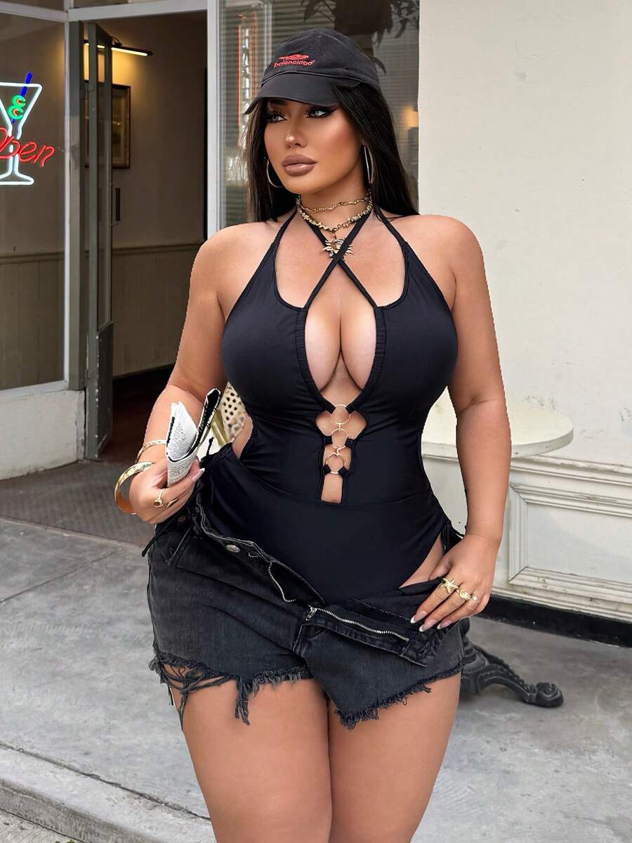 Swim SXY Plus Size Women Solid Color Hollow Out Halter Tie Waist Metal Decor Side Drawstring Sexy One-Piece Swimsuit - Black - View 1