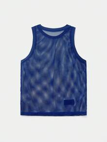 SWAVVY Áo tank top lưới in chữ dành cho nam, thích hợp mặc hàng ngày vào mùa xuân và mùa hè. - Xanh đậm - Xem 2