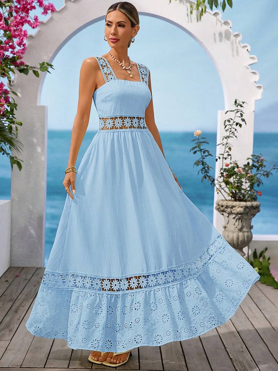Vivid Eden Solid Color Patchwork Ruffle Textured Fabric A-Line Cami Dress For Women, Vacation & Casual Wear ,Summer Dress - Blue - View 1