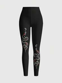 ROMWE Goth 哥特式暗黑神秘蛇玫瑰情人节性感黑色弹力加大码紧身裤 - 黑色 - 查看 5