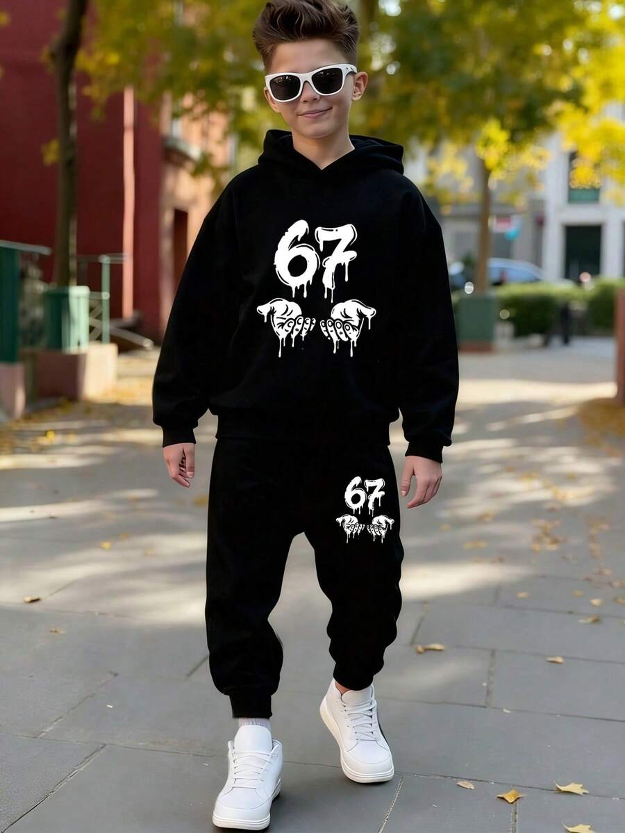 两件套青少年男童休闲67字母印花连帽卫衣和运动裤，美式运动简约风，秋冬款 - 黑色 - 查看 1