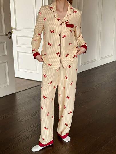 Dream Adore 女士黄条纹红蝴蝶结印花长袖上衣和裤子睡衣套装，适合度假穿着，甜美可爱，四季皆宜，室内外均可穿着。