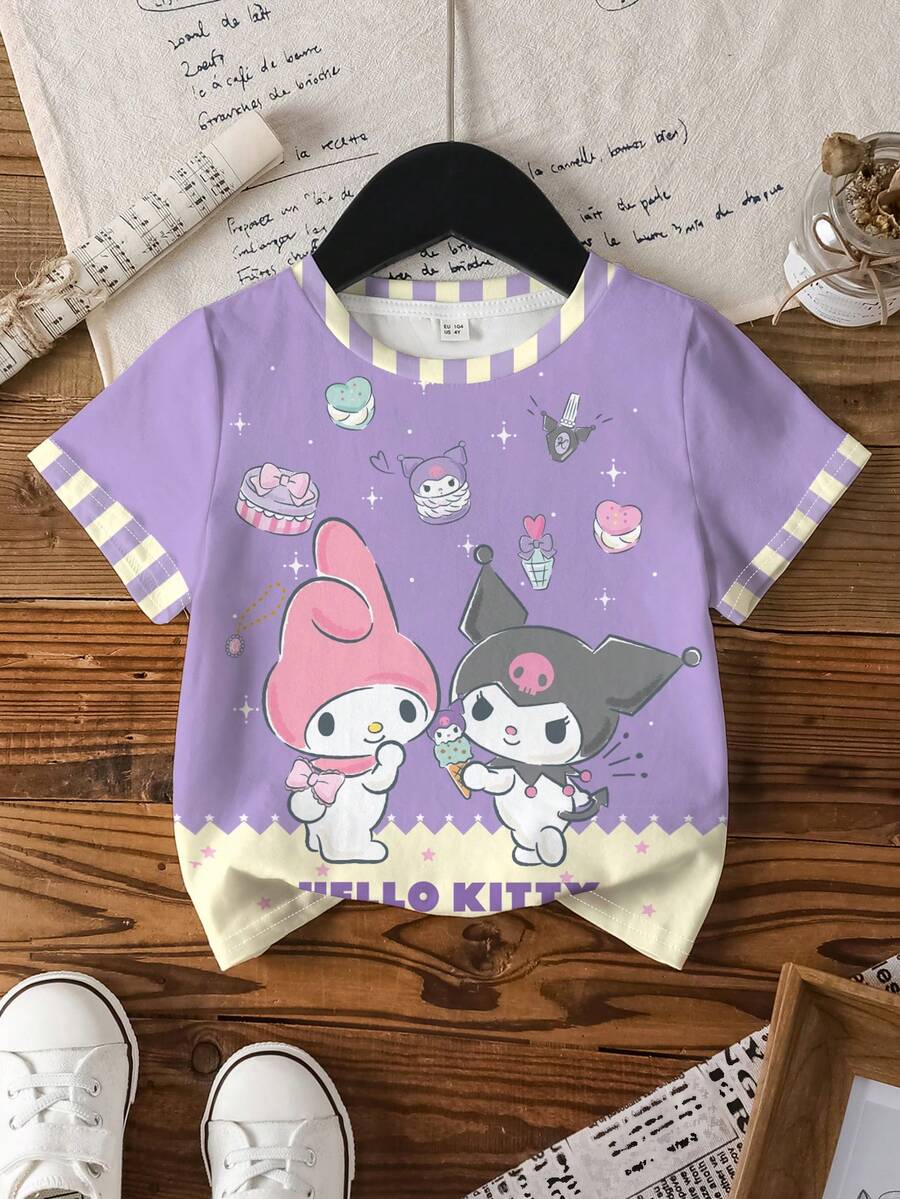 HELLO KITTY AND FRIENDS | SHEIN 女童可爱卡通图案圆领短袖T恤，夏季 - 白色 - 查看 1