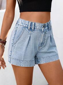 Breezaya Women's Casual Washed Denim Shorts, Summer - Blue - View 1