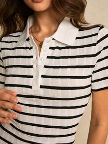 Poéselle Đầm kẻ sọc thường ngày dành cho nữ, thích hợp mặc đi làm, mùa hè. - Đen và trắng - Xem 7