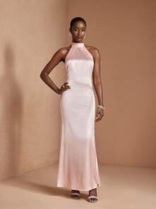 JIAN LASALA Elegant Pastel Pink Satin Halter Neck Tie Backless Sleeves Women Maxi Dress Wedding High Neck Dress Pink Satin Dress Gowns Glamorous Dress Special Occasion Dress Cocktail Dress Elegant Maxi Dress Satin Halter Dress Party Wedding Guest - Pink - View 4