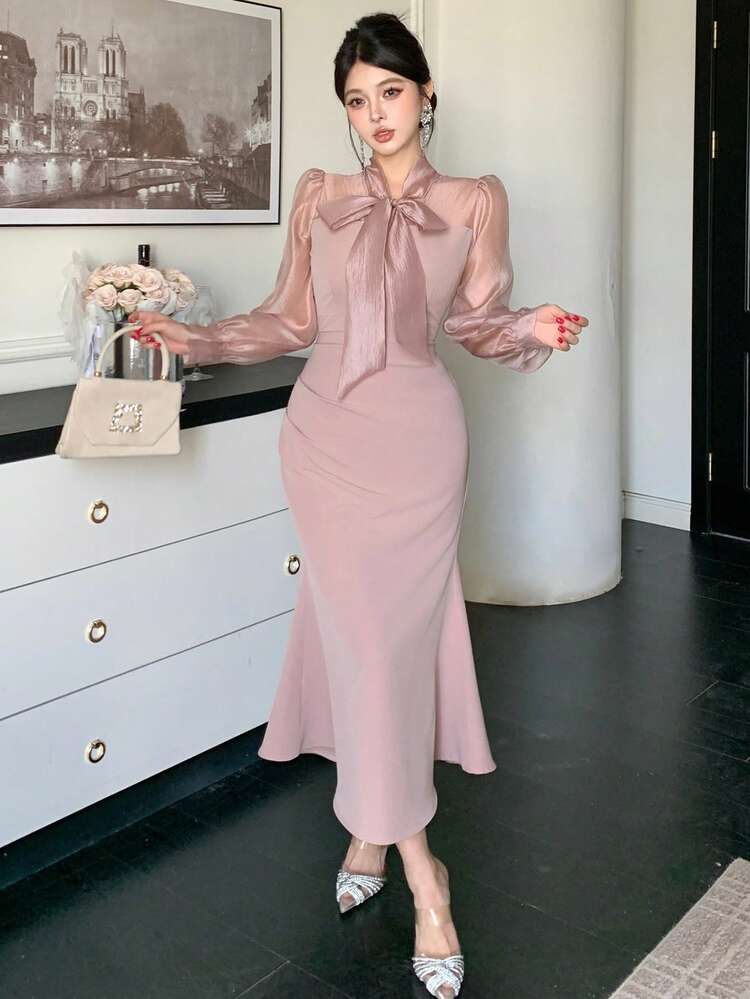 Women's Elegant Patchwork Tie Collar Puff Sleeve Pleated Midi Dress, Autumn/Winter