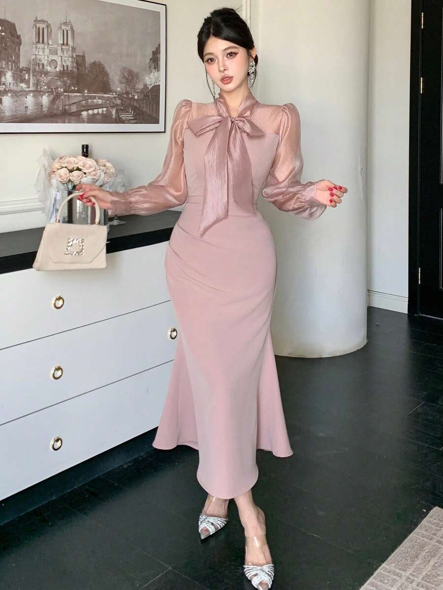 DAZY 女士优雅拼接系领泡泡袖褶裥中长连衣裙，秋冬款