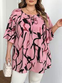 SHEIN CURVE+ 加大码女式大码系带领休闲百搭日常通勤中袖衬衫 - 彩色 - 查看 3