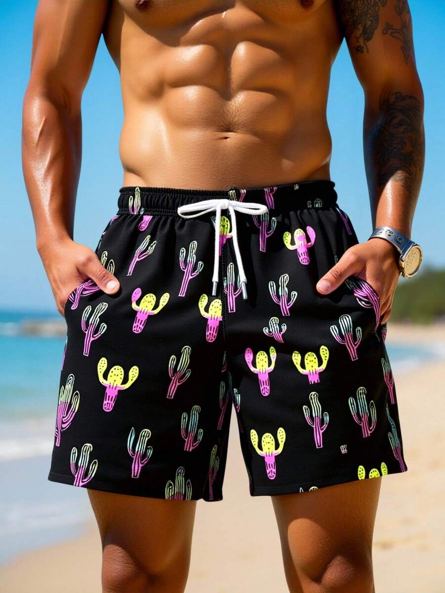 Manfinity Swimmode Men's Summer Casual Vacation Style Loose Fit Cactus Print Drawstring Waist Slant Pocket Beach Shorts - Black - View 1