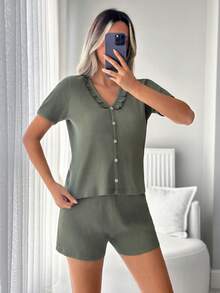 EURMUSE Women 2 Pcs Button Front Detail With Ruffle Neck Detail Short Sleeved Shirt&Shorts Homewear Comfort Lounge Set - Green - View 3
