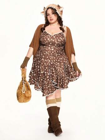 Abito da donna in stile vintage Fairycore con motivo a cervi su tutto il tessuto e orlo asimmetrico, dolce e adatto a taglie comode. Abito a camicia in stile Cottagecore da donna in taglie comode.