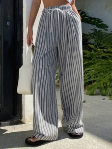 Livesso Women's Loose Casual Vacation Style Fashion Street Thin Striped Color Block Waist Tie Straight Leg Pants, Spring/Summer - Grey - View 5