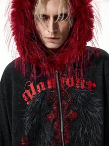 ROMWE MEN Goth Áo hoodie nam màu tối, viền lông mềm mại, có khóa kéo, kiểu dáng thường ngày, thích hợp cho mùa thu. - màu đen - Xem 2