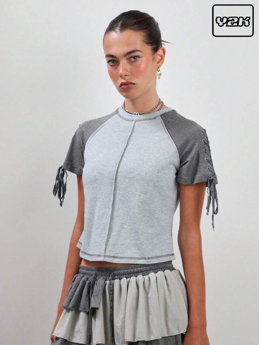 COUREZ Lattice Short Sleeve Spliced Shrunken Tee With Collegiate Graphics /Y2K Going Out Spring Going Out Tops Chic Women's Set Gym Sport Graphic Tees - Grey - View 1