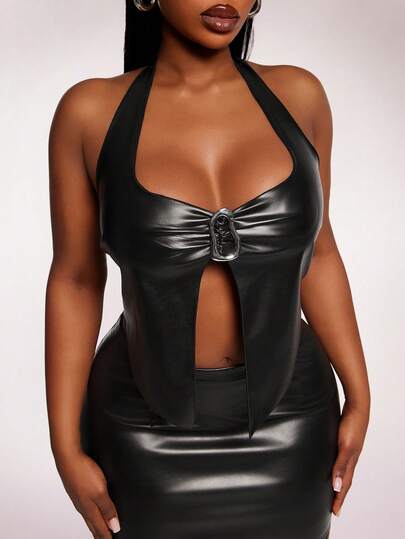 SHEIN SXY Plus Size Fashionable Black PU Sexy Backless Halter Top & High Slit Skirt 2 Pieces Set,Suitable For Dates, Gatherings, Parties, Clubs, Nightlife,Valentine's Day,Suitable For Banquet,Feast,Dinner Party,Prom,Ball,Urban,Versatile,Sexy Office Siren,Cruise Attire,Vintage,Festival,Concert,Carnival,Outing,Richly Layered,Holiday,Date Night,Birthday,Cocktail, Formal Event, Valentine's Day,Elegant Dresses For Women,Holiday Dress,Casual Dresses For Women,Valentine's Day