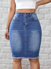 SHEIN Tall Women's Casual Versatile Commuting Denim Skirt With Pockets And Buttons - Blue - View 5