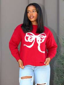 Steph T Ladies' Round Neck Loose Knitted Sweater With Bow Detail,Three Quarter Sleeve Tops Fall,Winter - Red - View 5