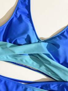 Swim Lushoire Women's Summer Mature Charm Style Deep Sea Blue Ombre Comfortable Stretchy Fabric Halter Two Pieces Swimwear With Criss-Cross Ruched Design, Slim Fit Energetic Beach Vacation Swimwear Set - Multicolor - View 3